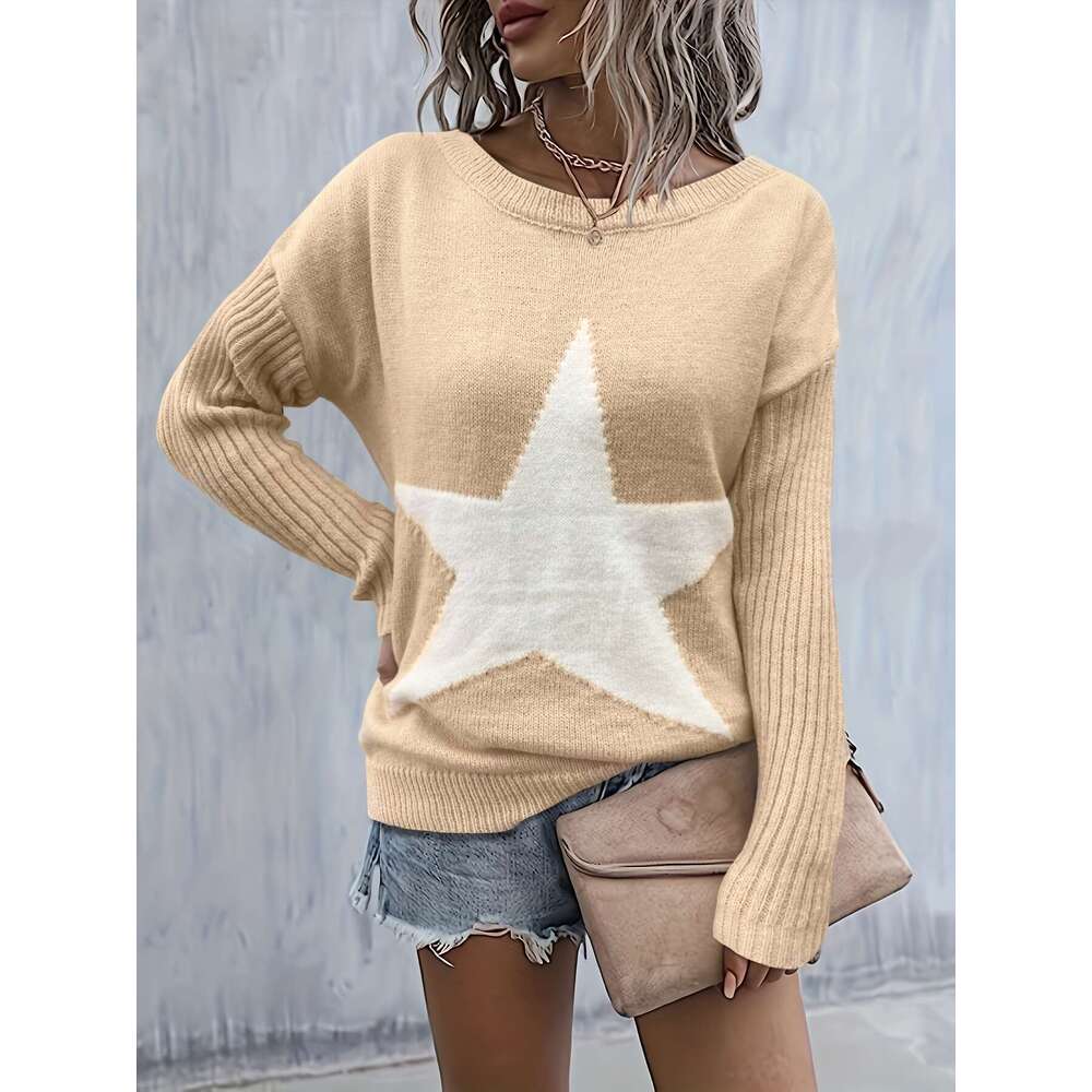 Miyouj O-Neck Pullover Star Printed Knitted Sweater Women's Casual Top Long Sleeve Sweaters Tops Lady Autumn Loose Clothes