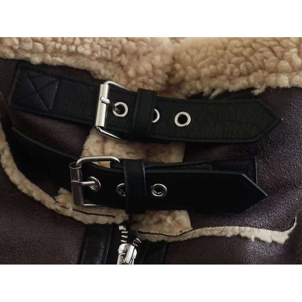 TRAFZA Women Fashion Double-Sided Short Belt Fleece Vintage Lapel New 2024 Fall Winter Zipper Loose Jacket Coat