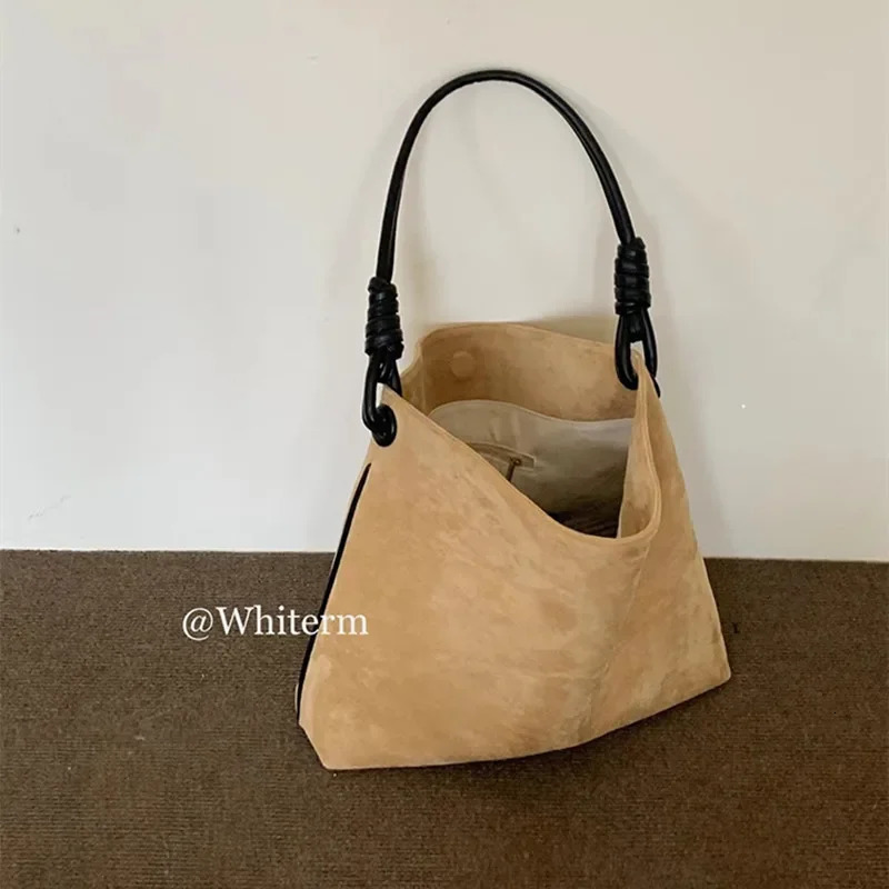 2024 Version of Instagram Large Bag Retro Suede Contrasting Color Single Shoulder Bucket Bag Large Capacity Portable Tote 241025