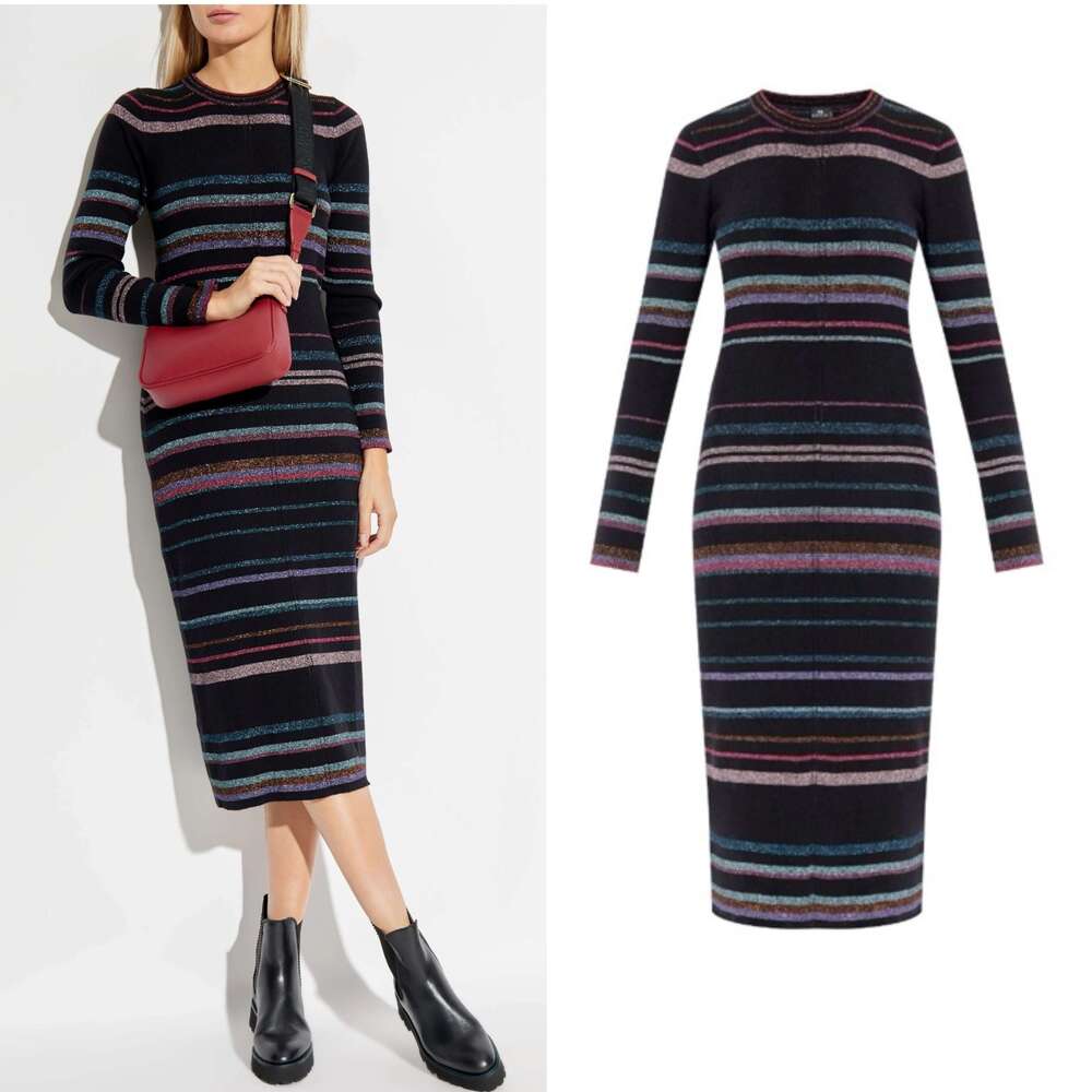 Women Round Neck Colorful Striped Long Sleeve Knit Midi Dress