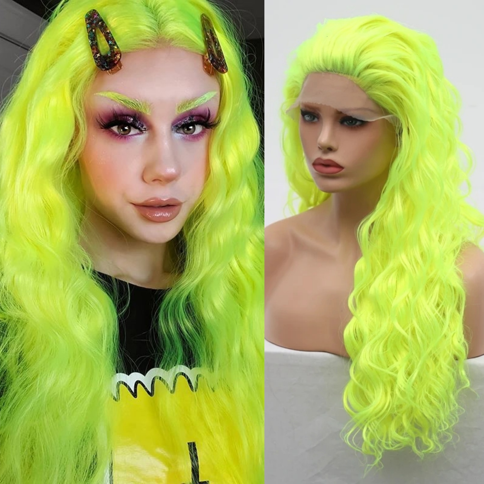 RDY Fluorescent Neon Green Water Wave Synthetic Front Wig Glueless Colored Long Curly Hair Lace Frontal Wigs for Women