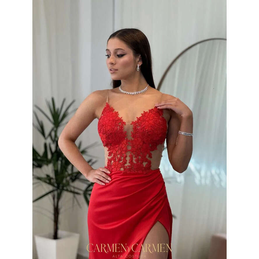 Sexy Red Mermaid Prom Dress Split Illusion Formal Evening Elegant Lace Appliques Party Dresses For Special Ocns Straps Promdress 0515