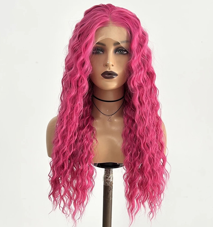 Hot Pink Deep Wave Synthetic Front Wig Glueless Natural Haire Rose Red Long Curly Hair Lace Frontal Wigs for Women