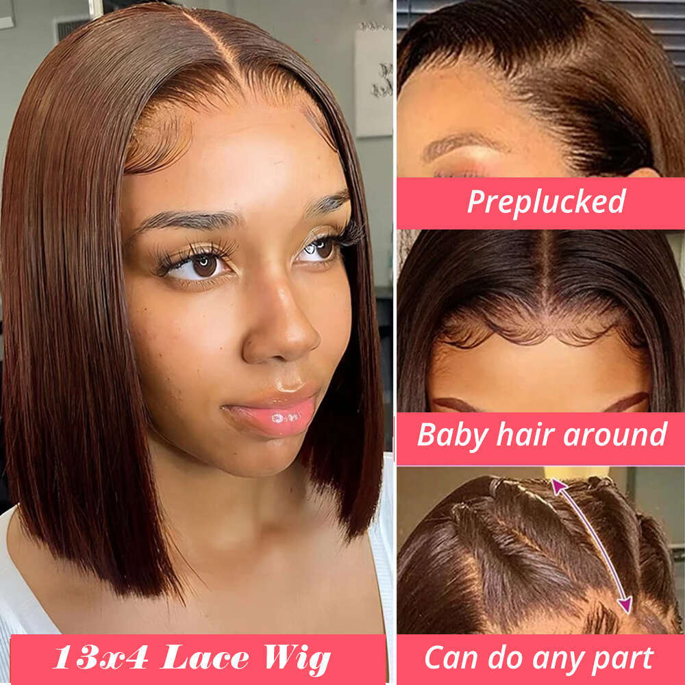 x Lace Front Wig Bob Human Hair Brown Straight Full Density HD Transparent Frontal Wigs bob hair lace front wig