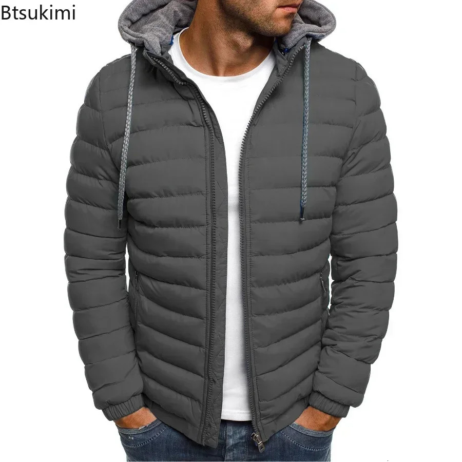 Autumn Winter Mens Parkas Solid Hooded Cotton Coat Jacket Casual Warm Clothes Overcoat Streetwear Puffer Male 241024