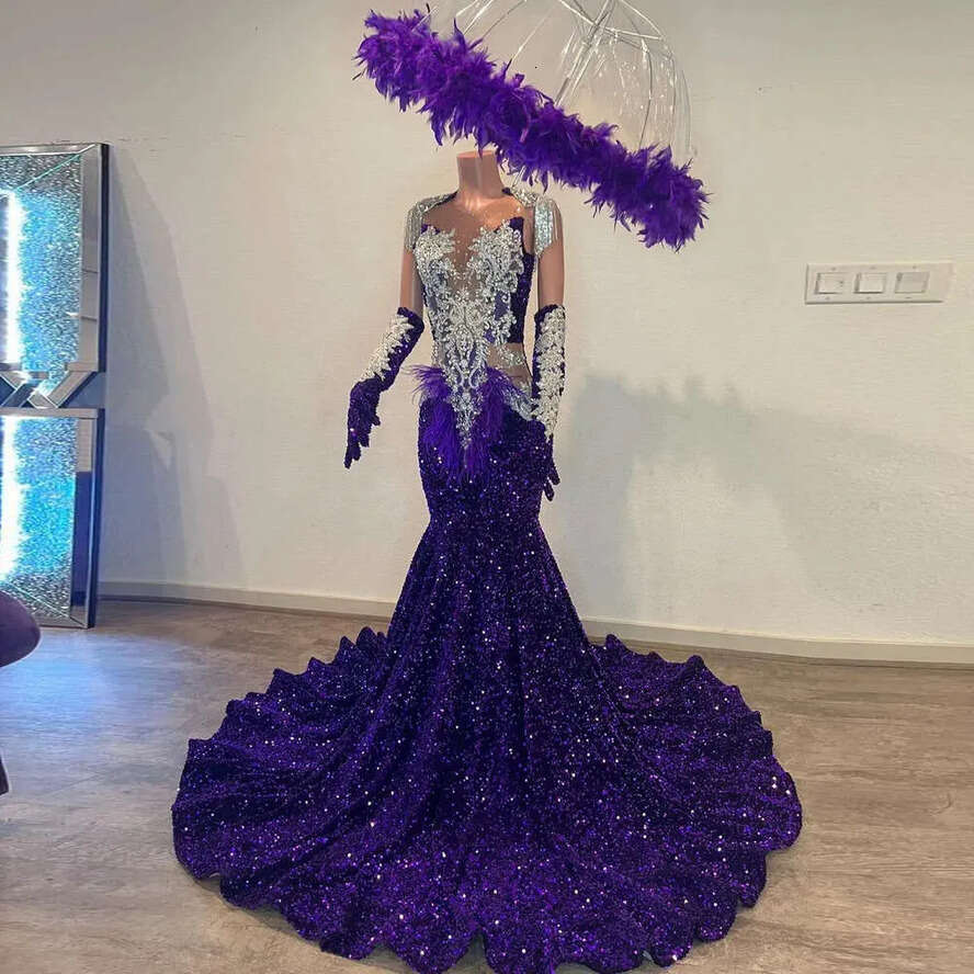 Purple Mermaid Prom Dresses Dia Sequined Beads Tassel Long Sleeve Gillter Evening Dress Formal Party Gowns 0521