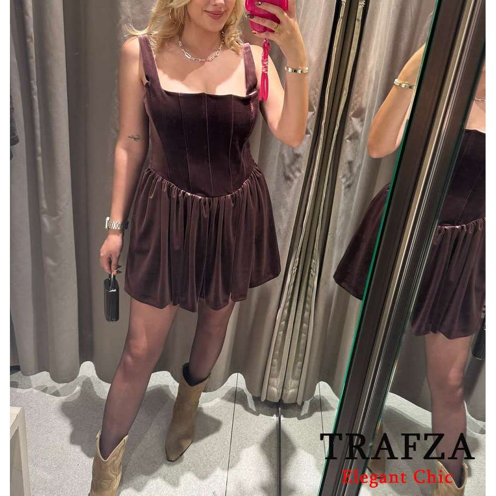 TRAFZA Women Sexy Veet Corset Suspender Vintage With Party New Spring Fall Fashion Romantic Mini Dress