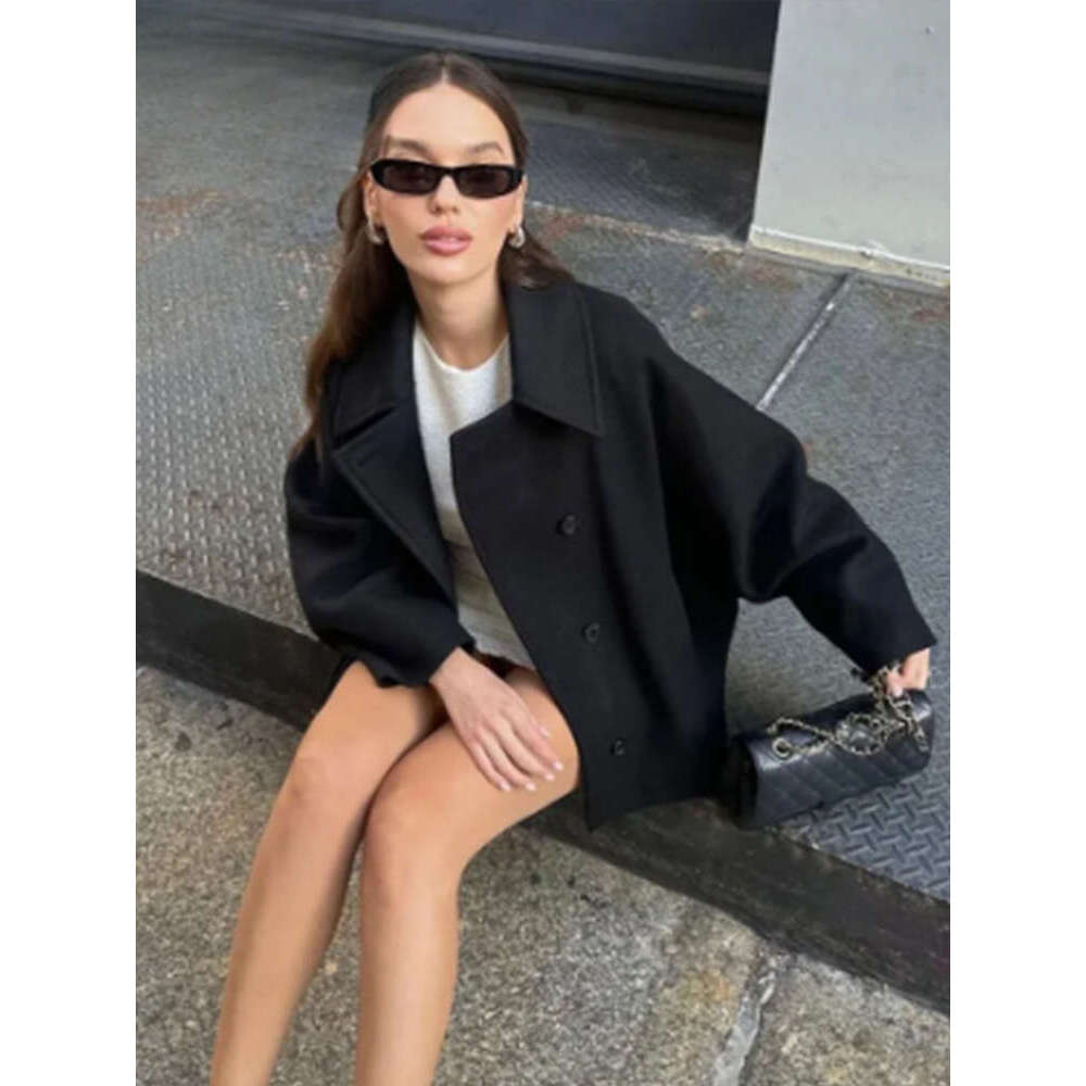 Single-Breasted Lapel Women Coat Woolen Long Sleeve Pockets Jacket Female 2024 Autumn Winter Elegant Casual Lady Tops