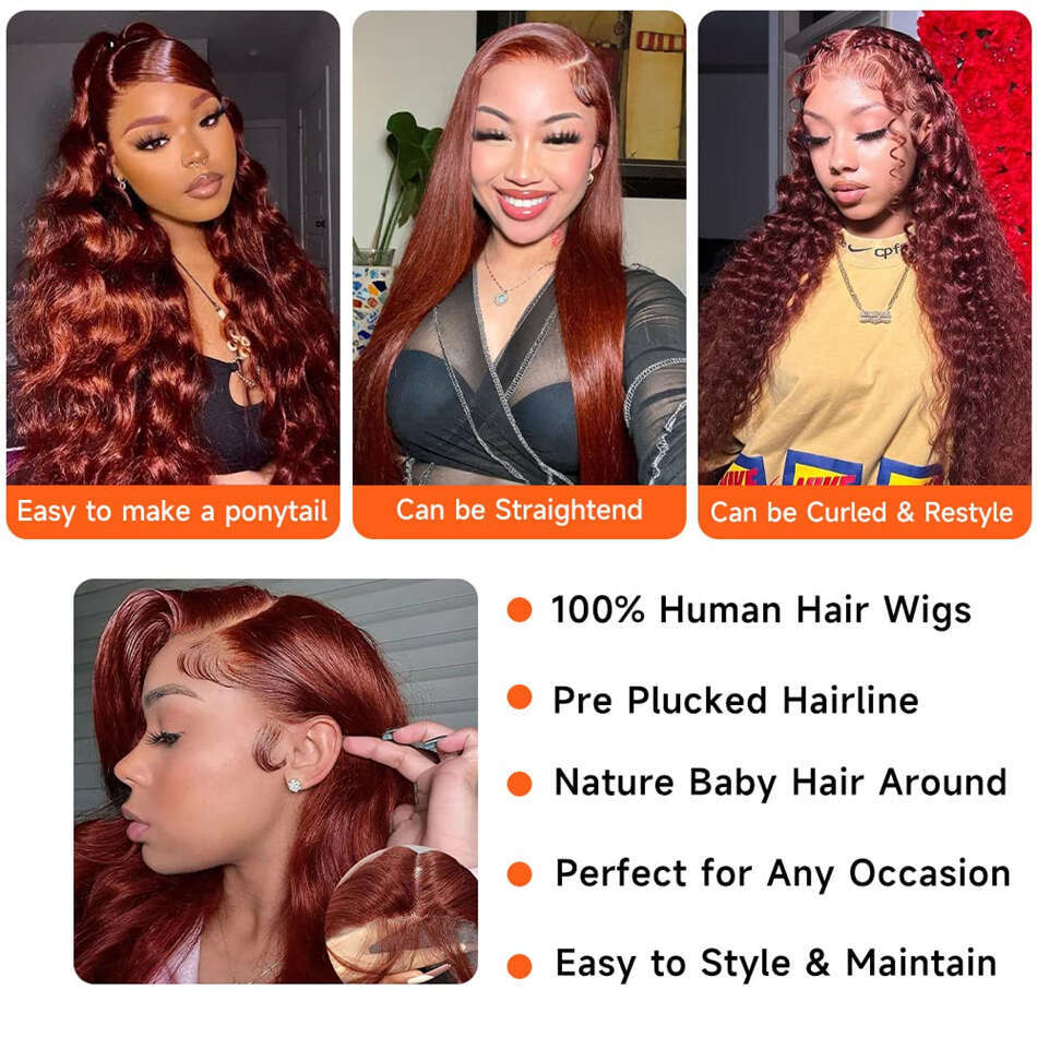 GURENYUN inch Reddish Brown Lace Front Wigs Human Hair Pre Plucked x Auburn Colored Body WaveWig