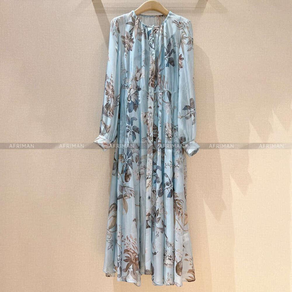 Women Silk Blue Corower Print Sleeve High Waist Slimming Long Dress