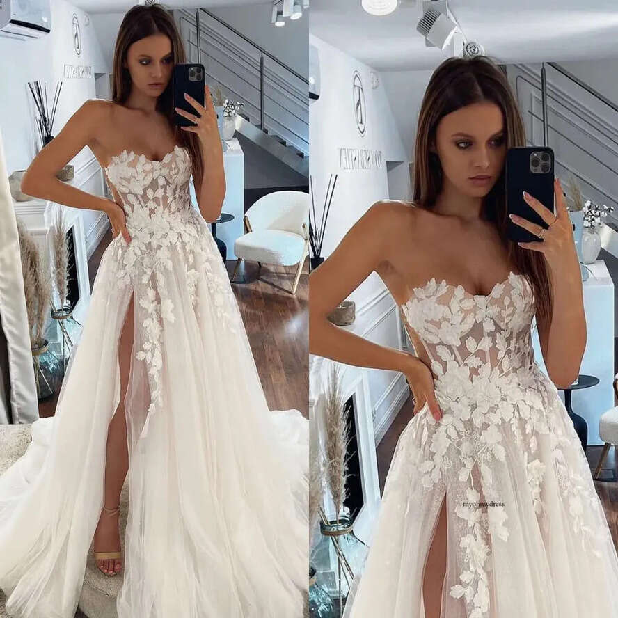 Vintage A E Dresses For Bride Sweetheart Appliques Lace Wedding Dress Sweep Train Backless Thigh Slit Long Designer Bridal Gowns 0515