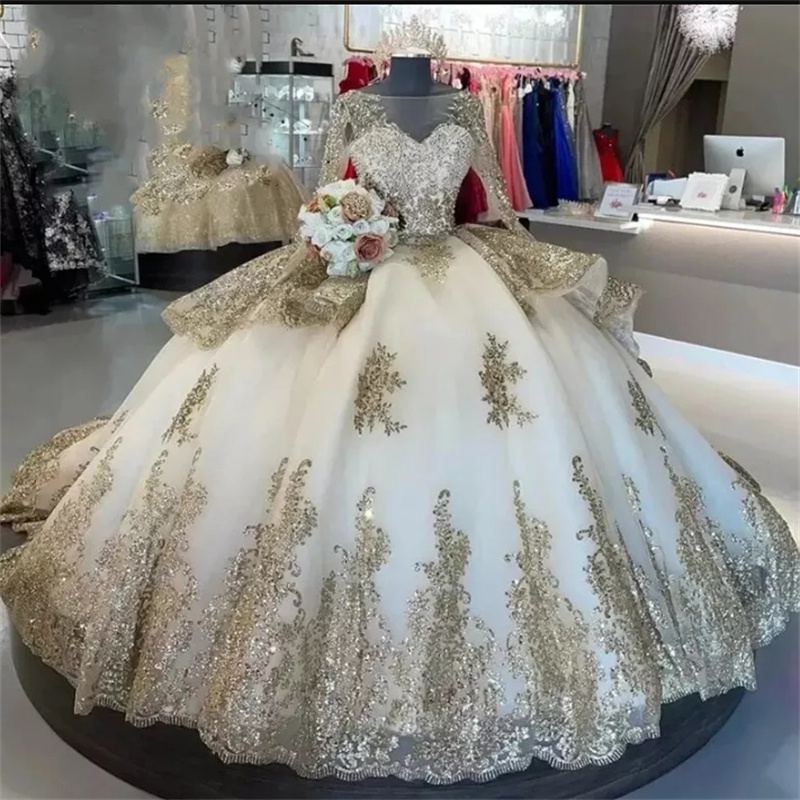 Luxury Champagne Quinceanera Dresses Princess Sequin Long Sleeve Charro Mexican Vestidos De 15 Quinceanera Tiered Ruffles Beaded Birthday Dress Xv Deb