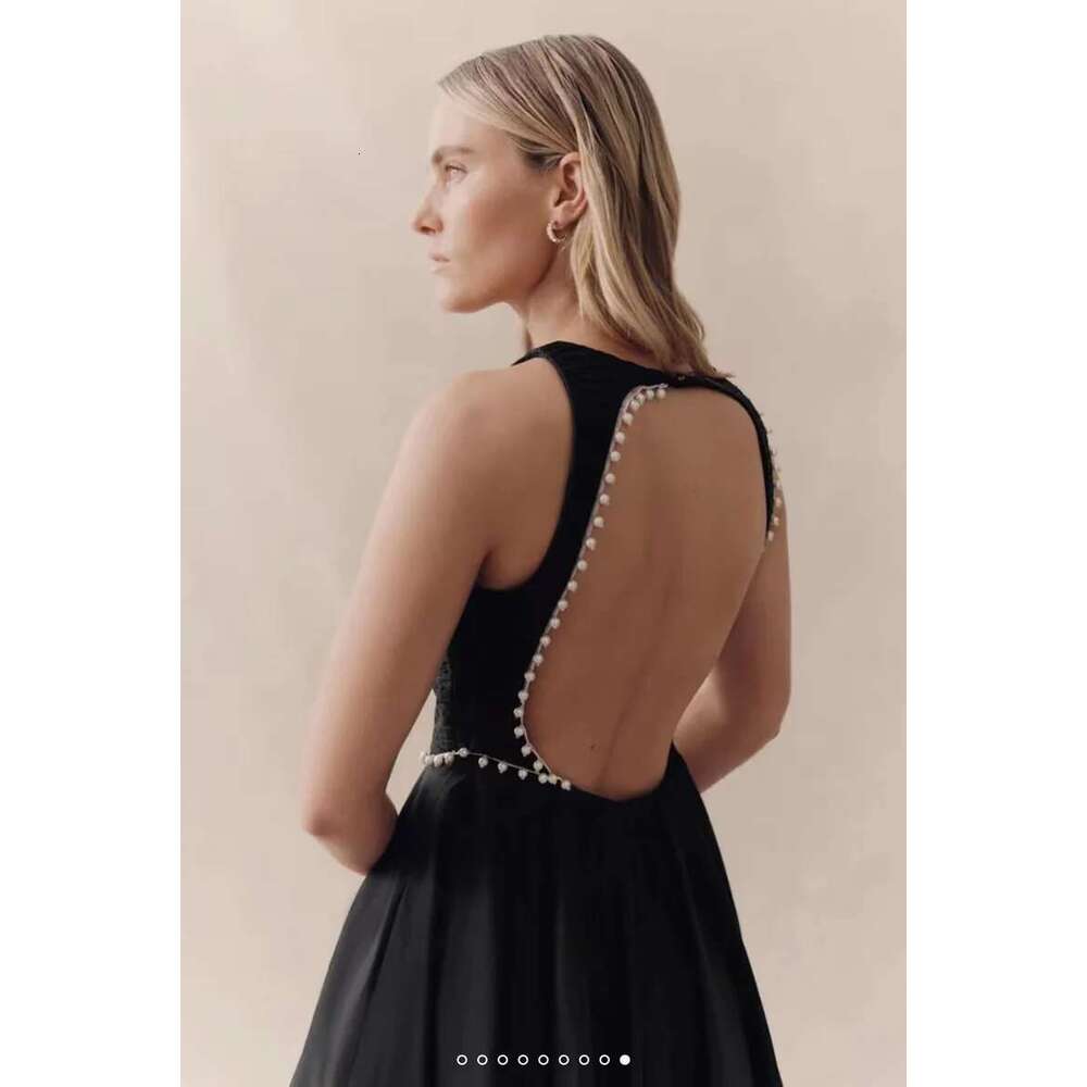 Women Pleated Chest Pearl Beaded Decoration Sleeveless Big Swing Party Midi Long Dress