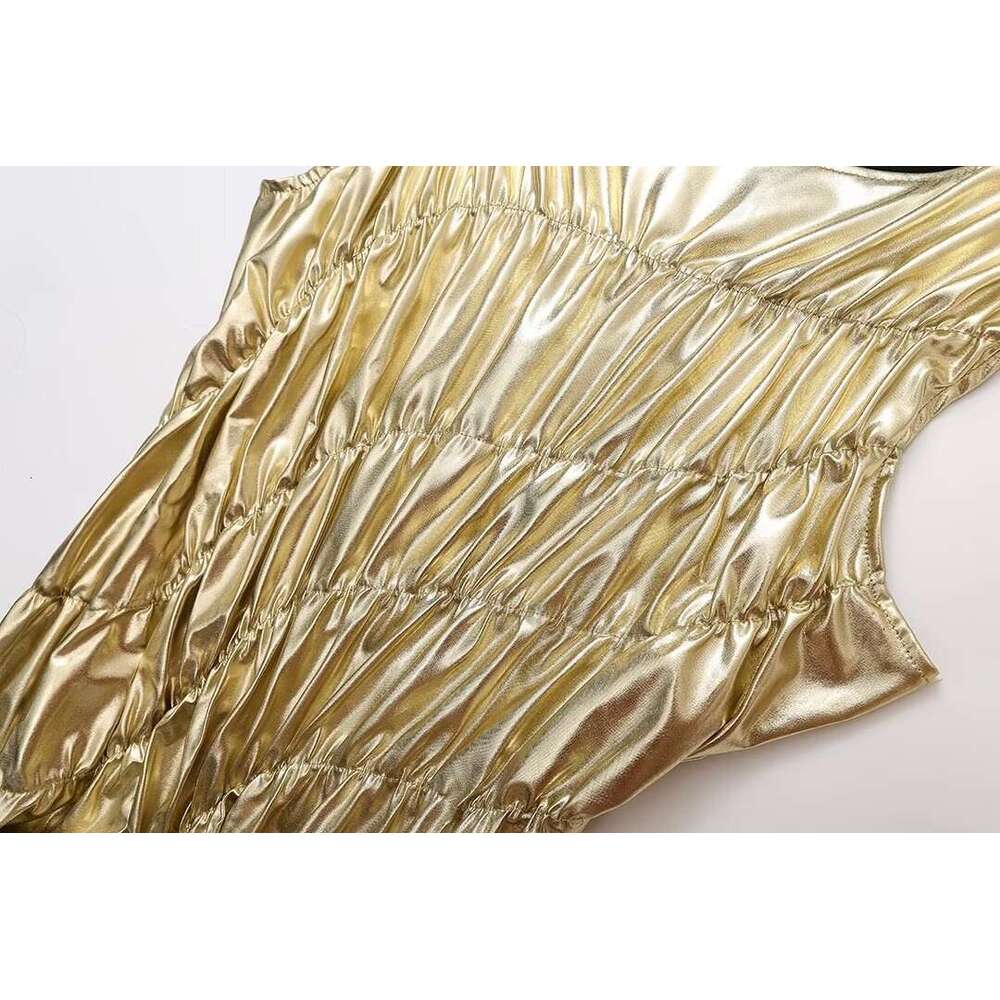 TRAFZA Elegant Metallic Color Women's Sleeveless Shirred New 2024 Spring Summer Sexy Glamorous Party Vacation Dress
