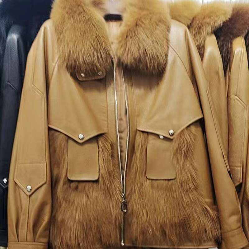 2024 New Women's Winter Down Ing Genuine Sheepskin Fox Fur Grass Windproof Leather Jacket Warm Coat For Women