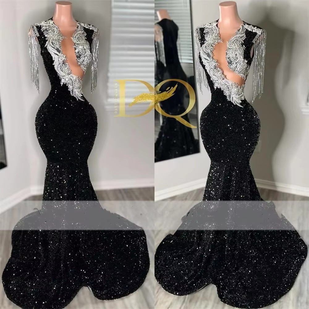 Sequin Prom 2025 Black Girls Sier Appliques Tassels African Mermaid Birthday Party Dress