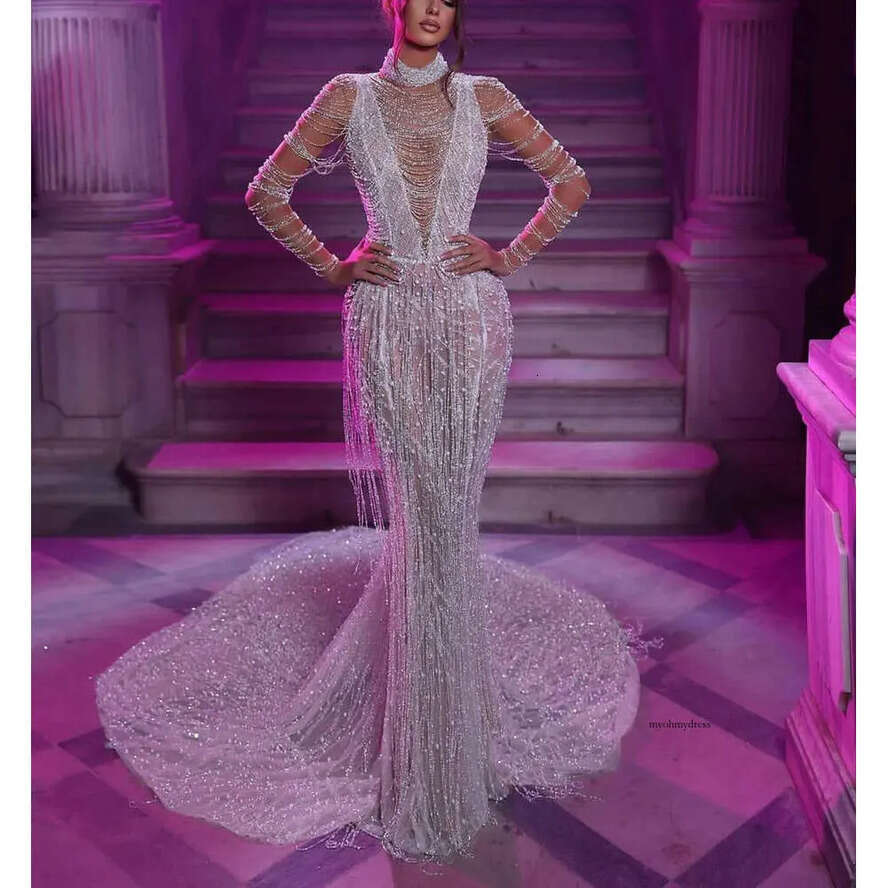 Sexy Mermaid Prom Dresses Long Sleeves V Neck Halter Appliques Sequin Beaded Or Length Lace Hollow Pearls Tassel Evening Dress Bridal Gowns Plus Size 