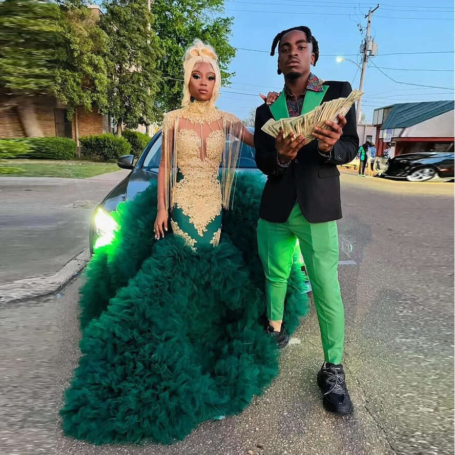 Green Mermaid Prom Dress 2024 Beads Appliques Dia Tassel Ruffles Formal Party Evening Dresses Vestidos De Novia 0521
