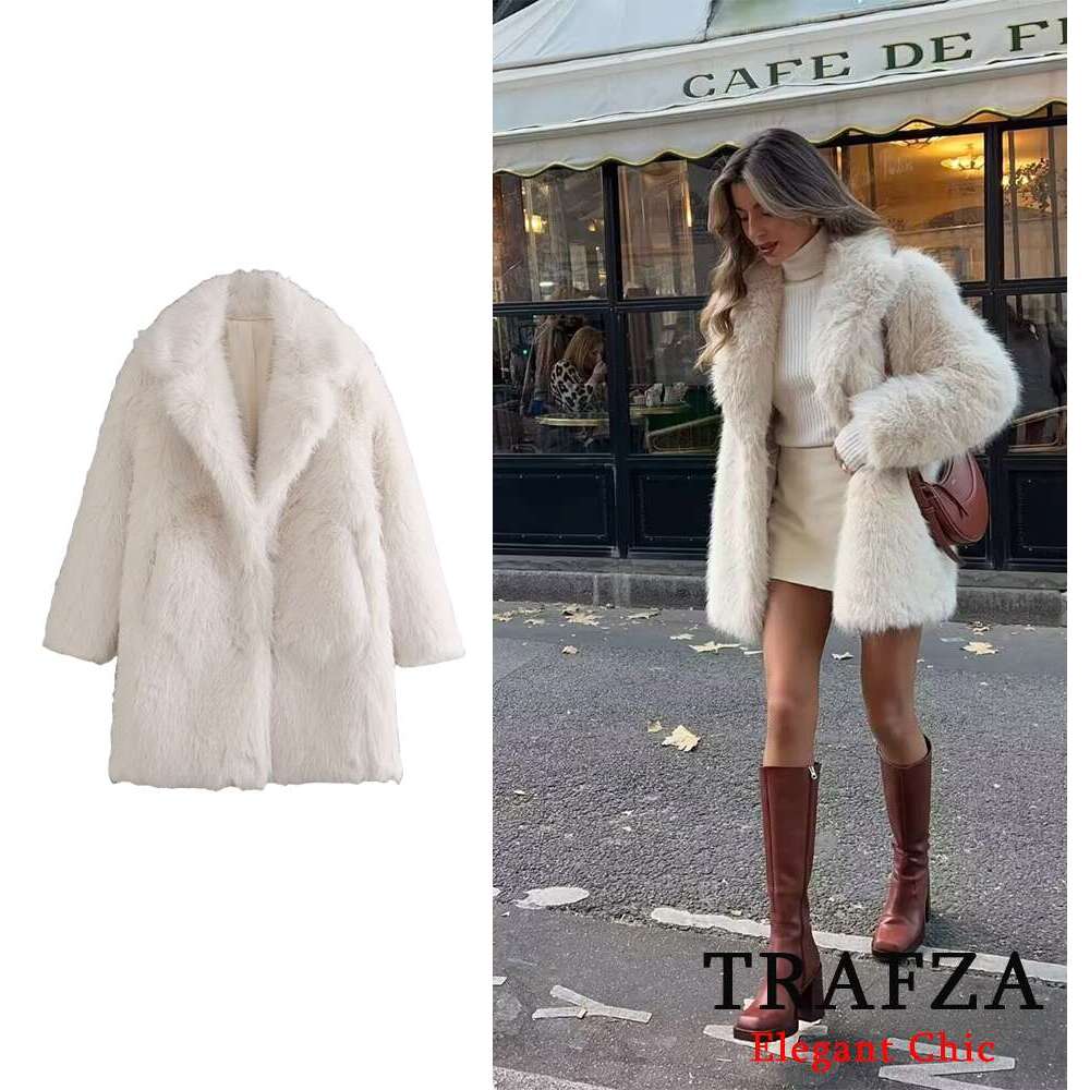 TRAFZA Elegant Loose Women's Lapel Jacket New 2024 Winter Fashion Glamorous High Street Faux Fur Coat