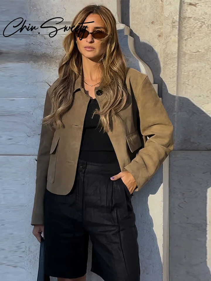 Retro suede solid jacket womens short lapel single chest long sleeved pocket jacket womens autumn city womens jacket 241025
