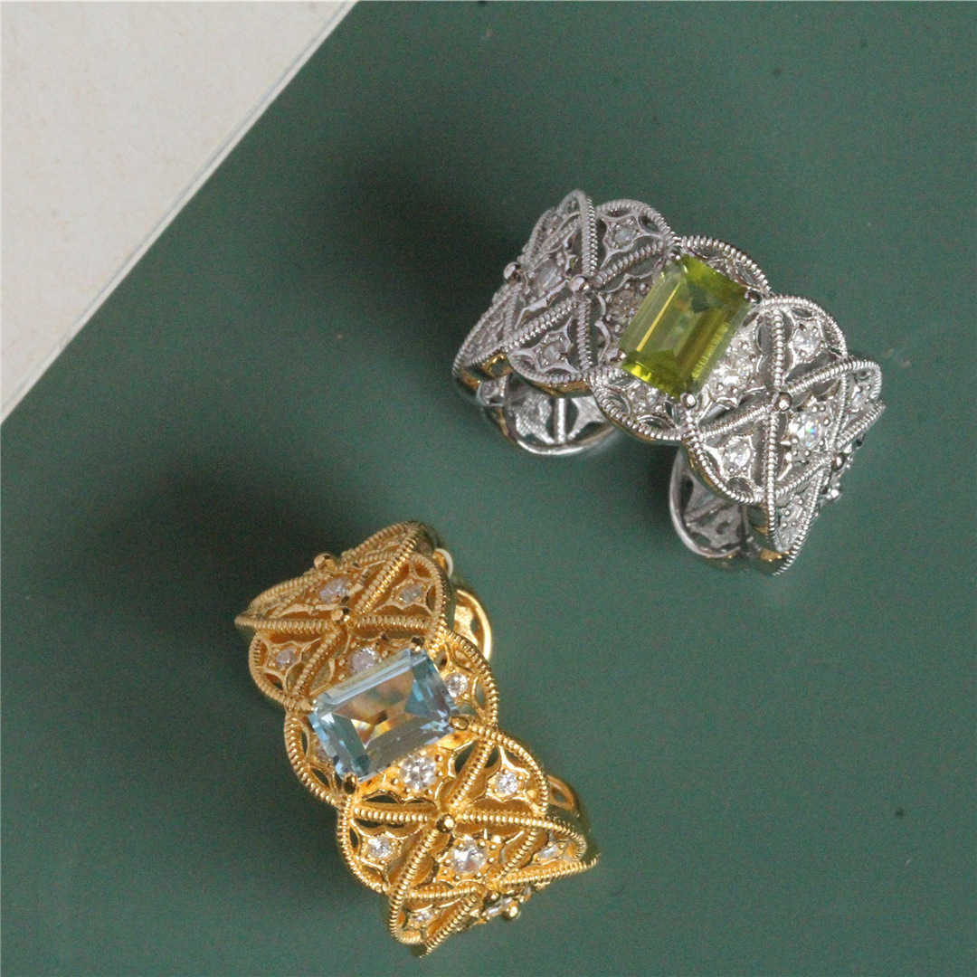 Vintage fashion ins exquisite Italian craft gorgeous hollowed Topaz peridot high touch open ring W240925
