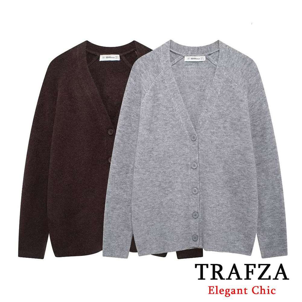 TRAFZA Women's Solid Slim Fit Cardigan Buttons V-Neck Spring Autumn New 2024 Fashion Casual Sweater
