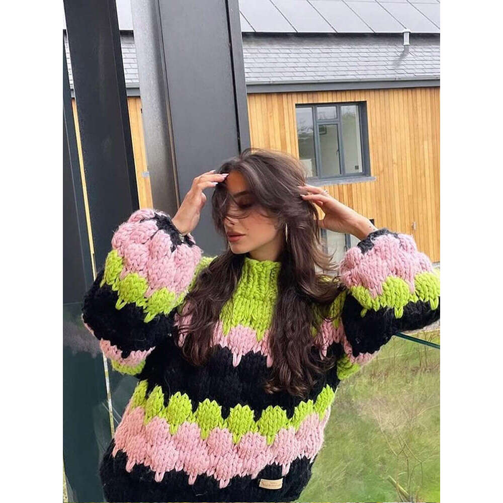 Chic Contrasting Knitted Sweaters Women Fashion O Neck Long Lantern Sleeves Loose Jumpers Autumn Warm Lady Commuting Pullovers
