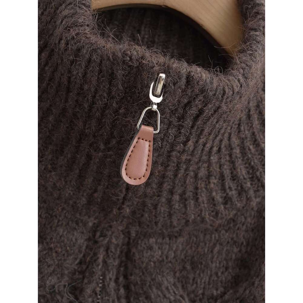 TRAFZA Women Fall Winter Vintage Brown Double Zipper New Fashion Casual Stylish Retro Knitted Sweater