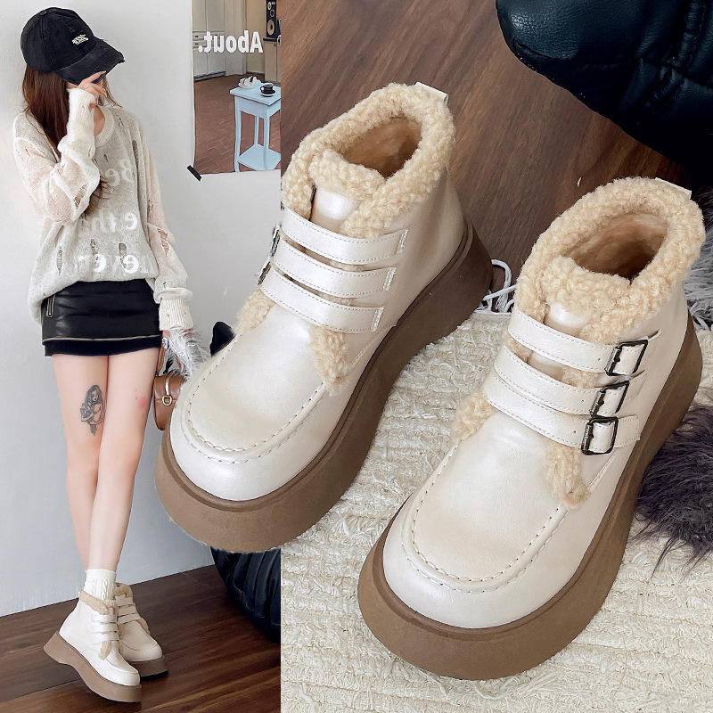 Women Fashion Boots:British Style Thick Soled Martin Boots Winter New Trendy Fleece Warm,Black/Brown/Apricot,Free shipping