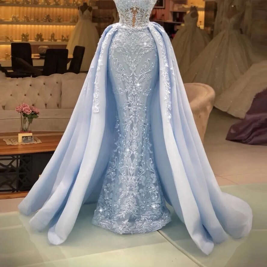 New Year's Overkirts Light Mermaid Evening Dresses Arabic Aso Ebi Sheer Neck Sleeveless Lace Appliques Women Formal Prom Party Gowns Plus Size