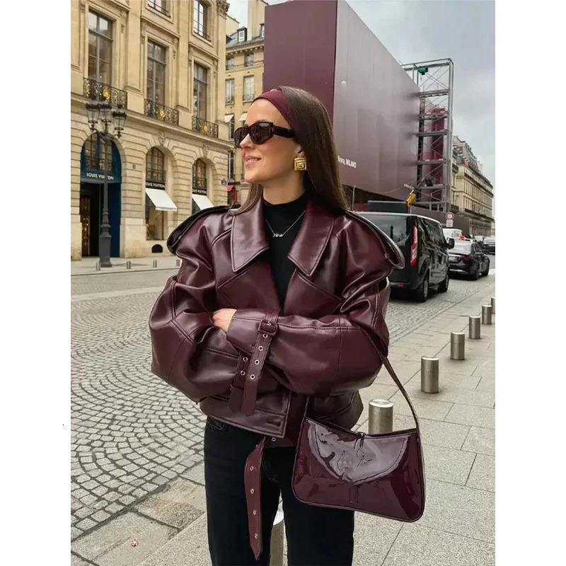 Daenerys Res Autumn Women Lapel Long Sleeved Short Leather Jackets Trendy Slim Bury Red Crop Coat Fashion Lady Party Outwear