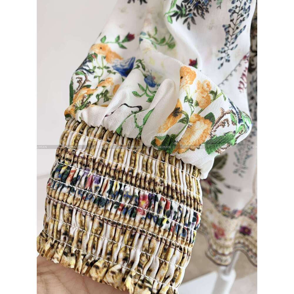 Women Slash Collar Long Sleeve Crystal Beaded Retro Wer Print Elastic Waist Mini Silk Dress