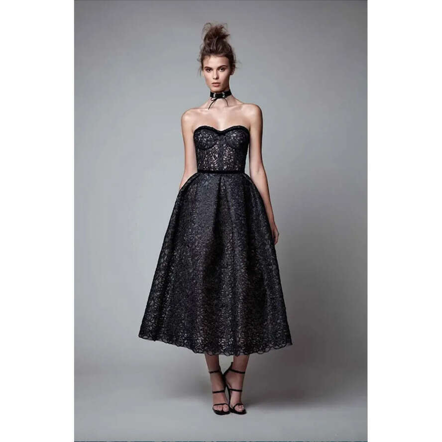 Berta 2023 Black Evening Dresses Sweetheart Lace Appliques Prom Gowns Custom Made Tea Length A E Special Ocn Dress 0509