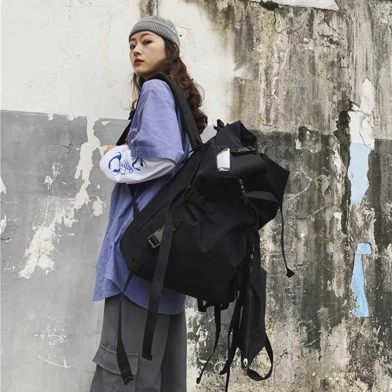 2024 Functional Hip Hop Tactical Techwear Backpack Men Women Drawstring Ribbons Outdoor Motorcycle Travel Casual School Bags 241028