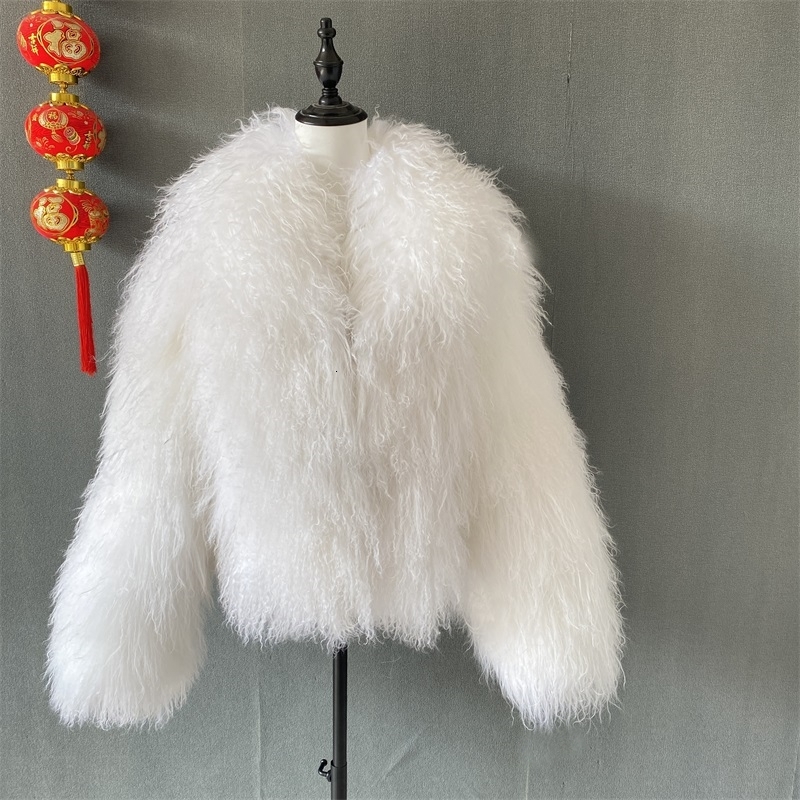 Mongolian Fur Lapel Jacket Women Elegant White Fluffy Solid Thicken Warm Long Sleeves Coats Winter Chic Oversize Lady
