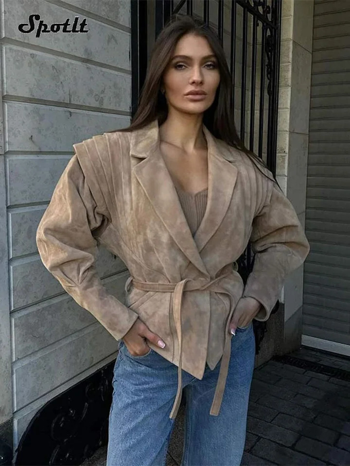 Fashion suede short leather long sleeved jacket for women with pleated shoulder straps lapel button cut jacket womens street jacket 241025