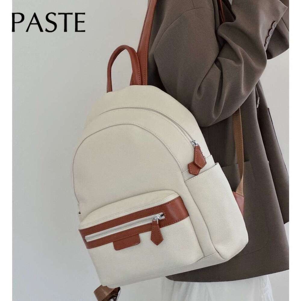 New Natural Cowskin 100% Genuine Leather Women Backpack 2024 Beige Hit-Color Large Capacity Shoolbag For Laptop College Girl