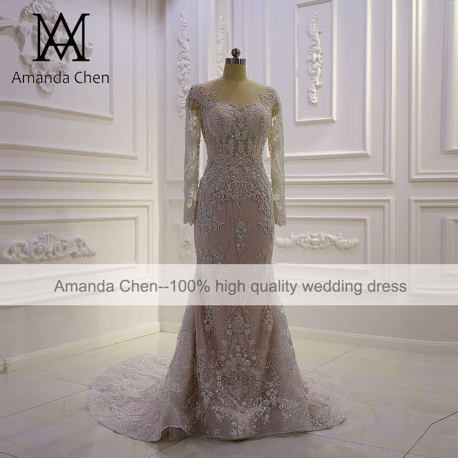 abito da sposa Long Sleeve Lace Applique Beaded Champagne mermaid Wedding Dress