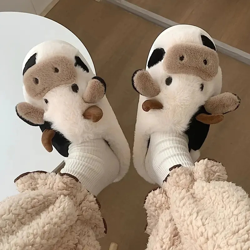 Womens Cartoon Cute Cow House Slippers Warm Plus Lined Closed Toe Fuzzy Home Slides Womens Fluffy Comfy Shoes Winter Autumn 241025