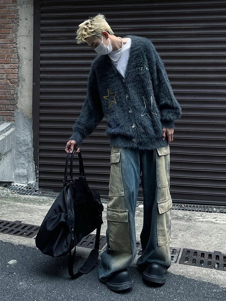 REDDACHiC Men Embroidery Star Mohair Cardigan Sweater Vintage Y2k Vneck Buttoned Long Sleeves Knit Jacket Casual Winter Clothes 241024