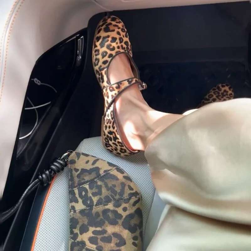 Fashionable Shallow Mouth Leopard Print Women's Ballet Mary Jane Spring and Autumn Walking Shoes Round Toe Buckle Flats