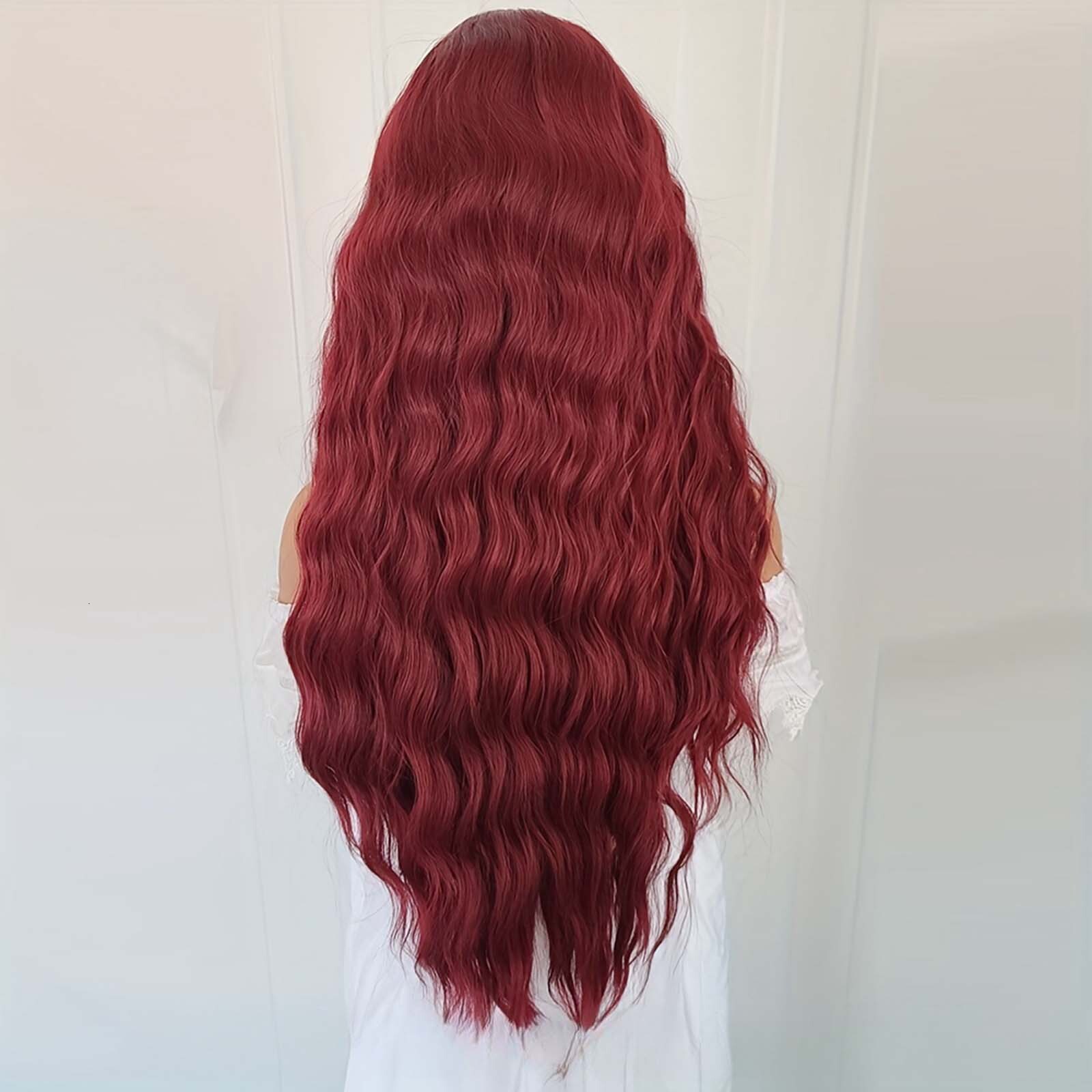 Bury Long Curly Synthetic Lace Front Wig Natural Wavy Deep Wave Dark Red Colored Hair 13X4 Frontal Wigs for Women Party