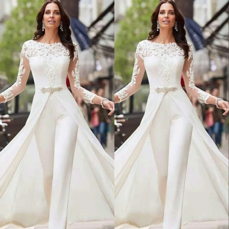 White Jumpsuits Pants Long Sleeve Wedding Dresses Lace Satin With Overskirts Beads Crystals Plus Size Bridal Gowns Vestidos De Novia