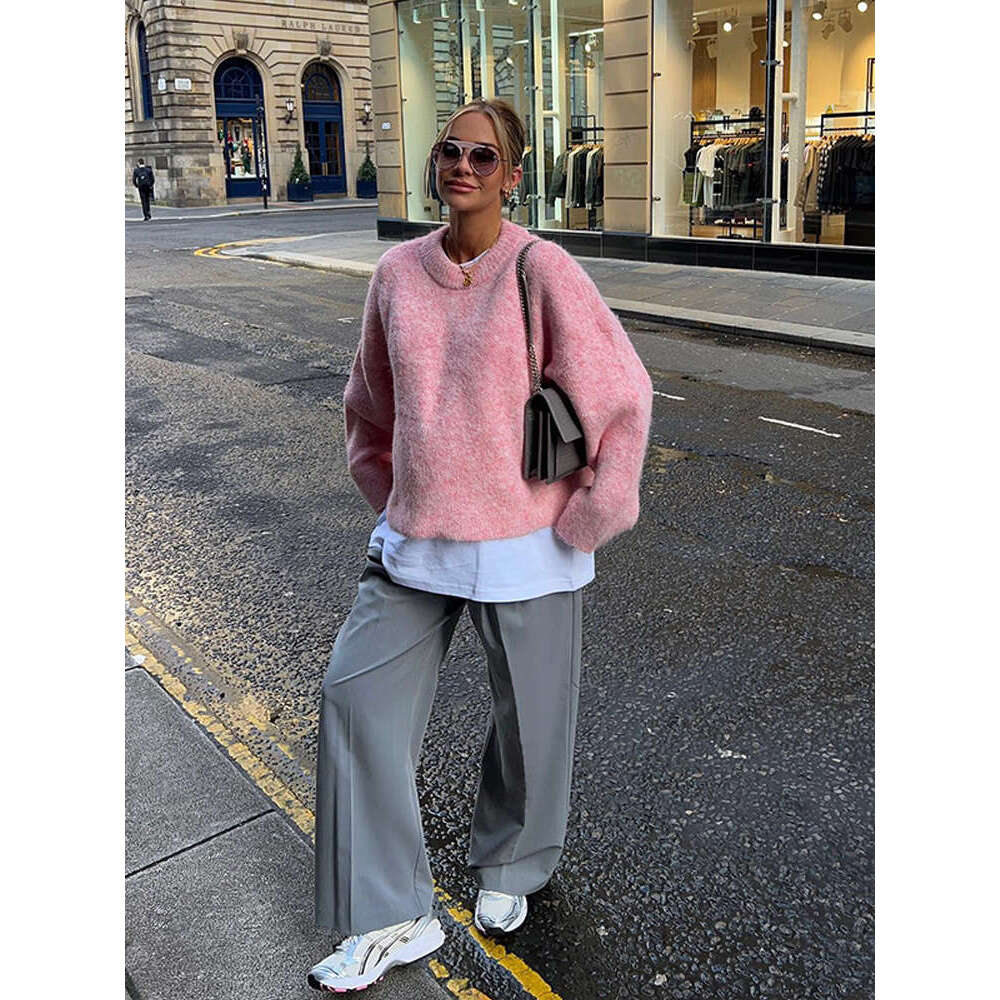 Casual Oversize Pink Women's Cashmere Base Sweater Fashion Long Sleeve Solid Round Collar Pullover 2024 New Lady High Streetwear