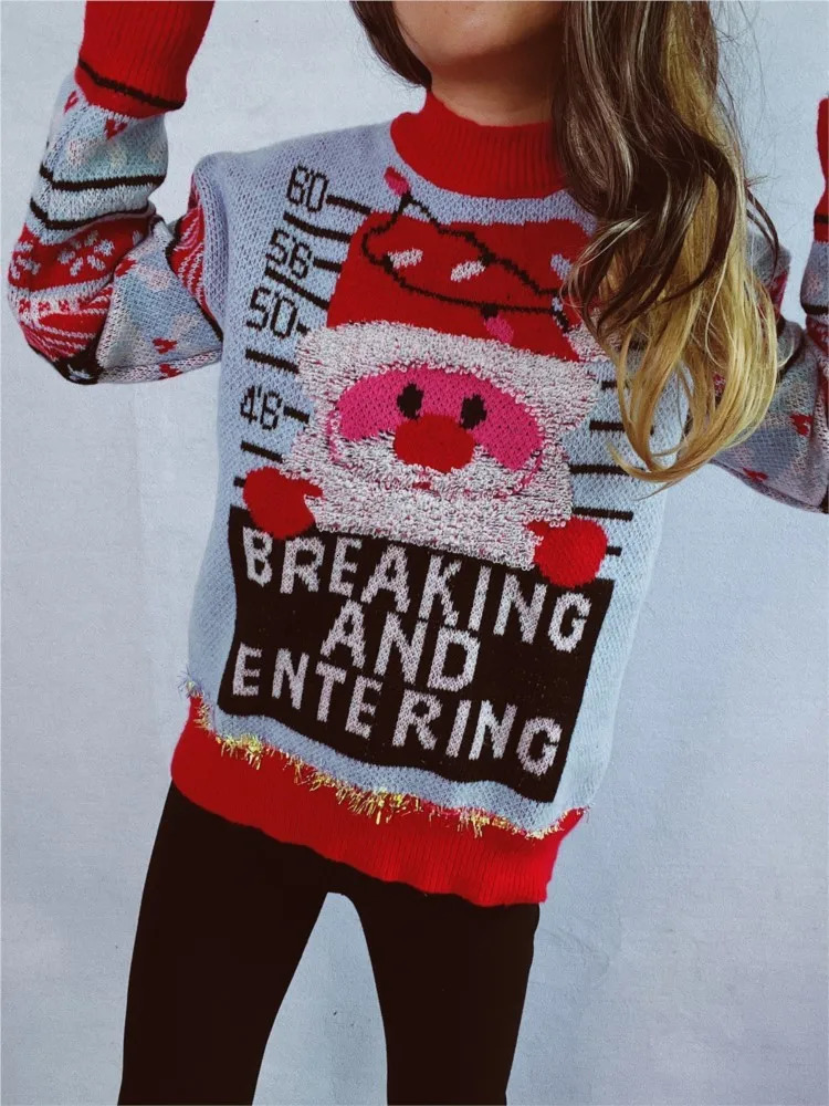 Ugly Santa Claus Knitted Sweater Womens Autumn/Winter Loose O-neck Long Sleeve Red Zipper Jumper 241025
