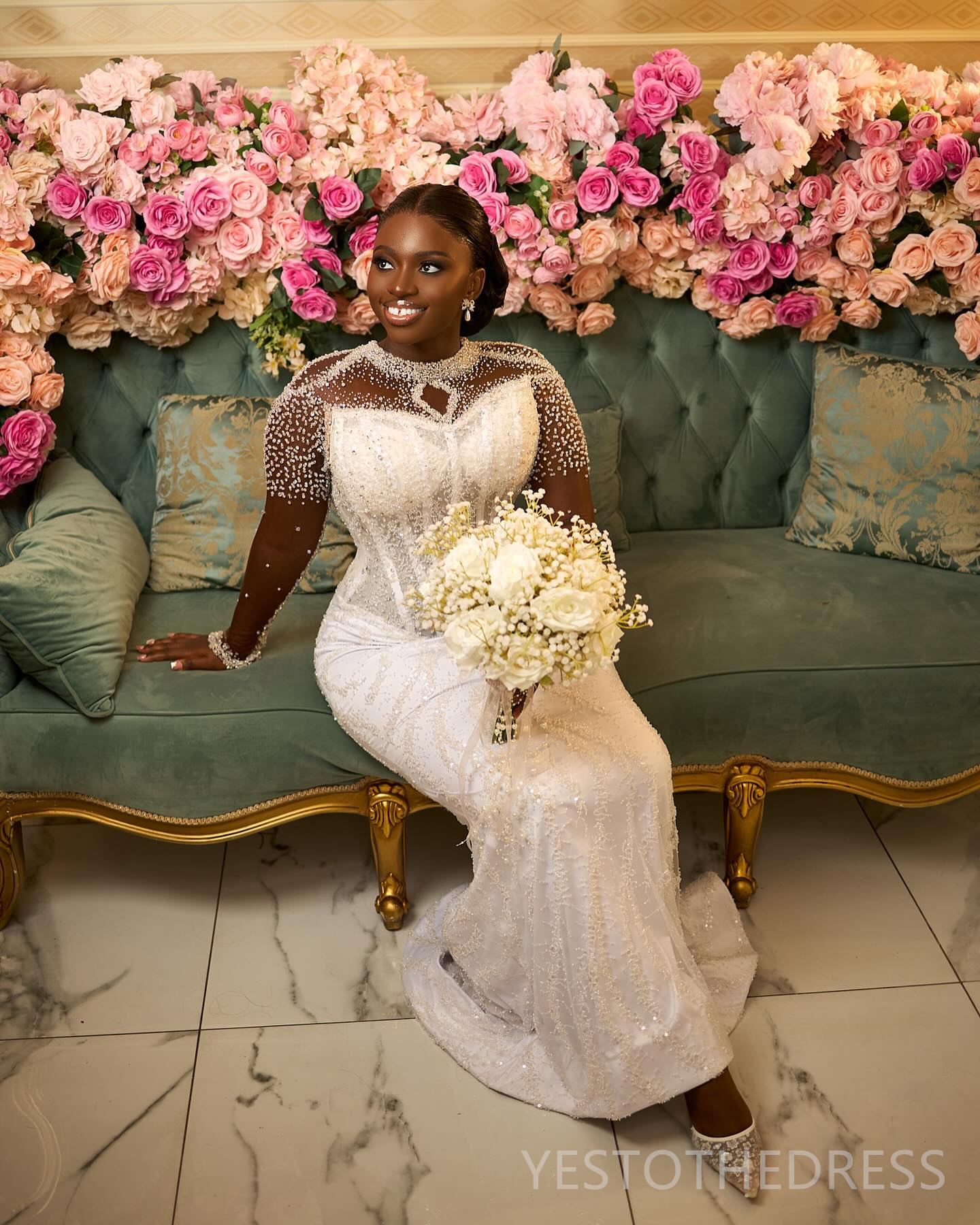 2025 Plus Size African Wedding Dress For Bride Bridal Gowns Detachable Train Illusion Mermaid Sheer Neck Beaded Lace Long Sleeves Wedding Gowns For Bl