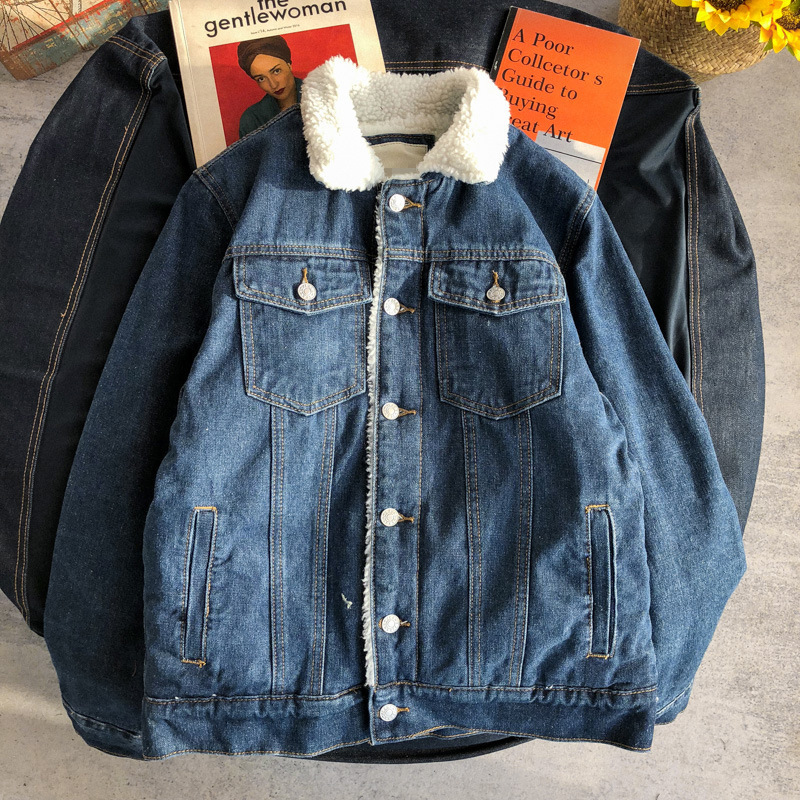 2024 New Designer Autumn/Winter Couple Denim Men's Plush Thickened Warm Leisure Oversized Cotton Jacket Sheep Wool Top Fashionable