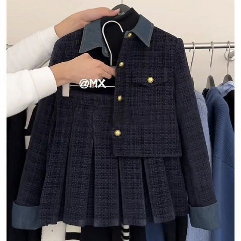 winter set for women 2024 new plus size women's clothing korean version fashionable small fragrant style jacket versatile pleated skirt twopiece 