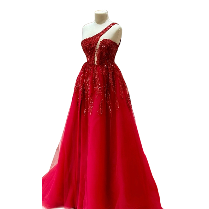Chic One Shoulder Red Prom Dresses With Sequins Lace Appliques Sleeveless Strap Lace-Up A Line Tulle Evening Gowns Side Slit Special Occasion Dress Ce
