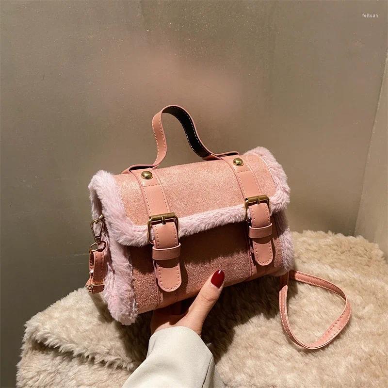 2025 NEW School Bags Lamb Wool Splicing Crossbody For Women Winter Fashion Shoulder Bag Lady Small Square Handbag Trend Korea Style Satchel zhanyishen